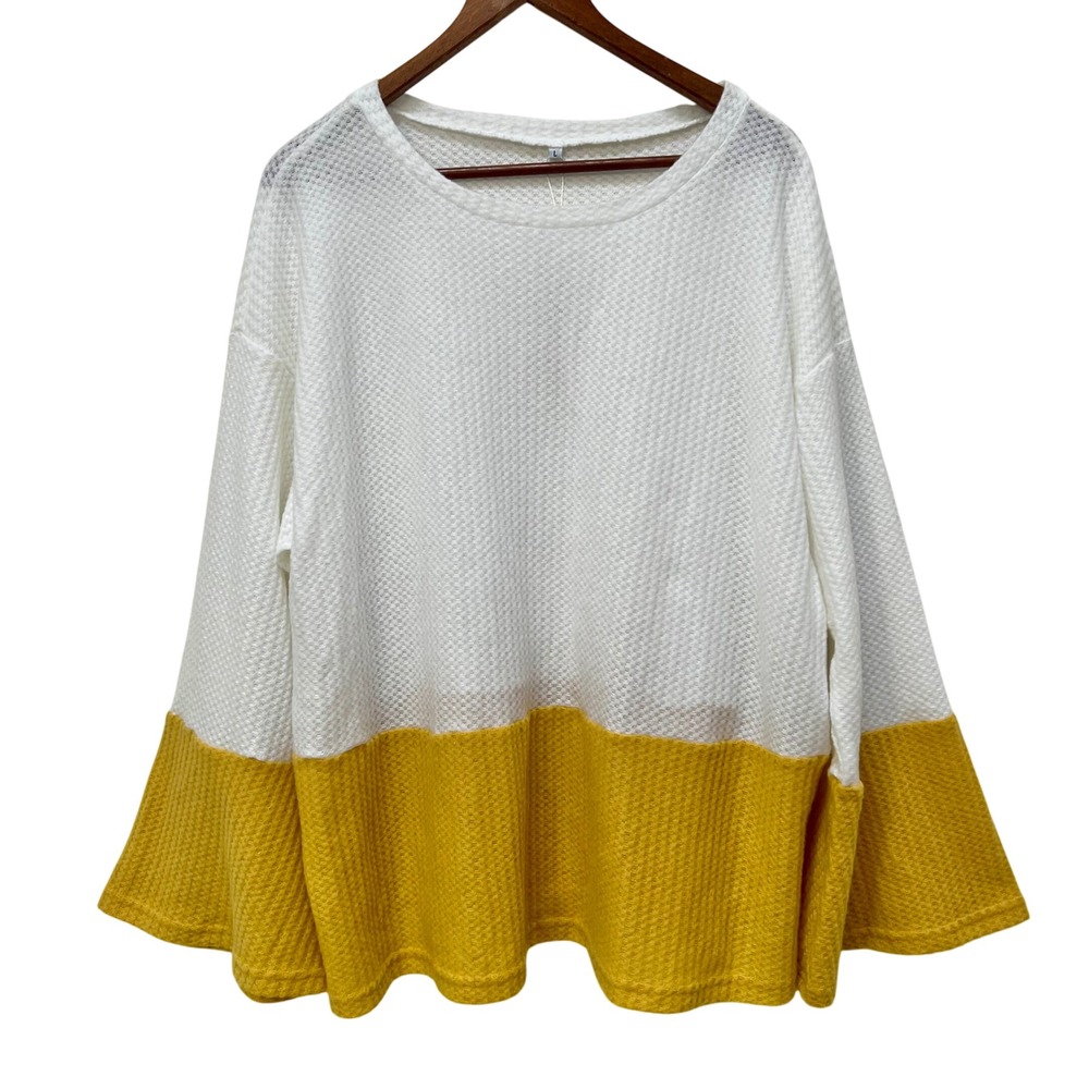 NWT White Yellow Waffle Knit Bell Sleeve Pullover Top Women Size L